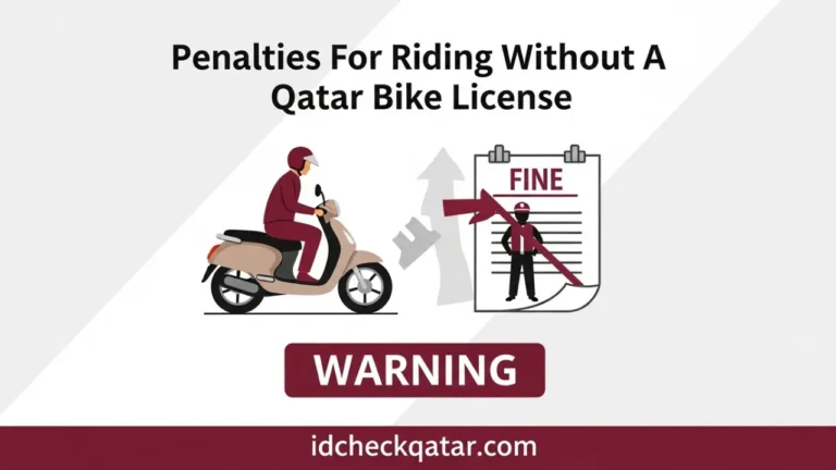 Qatar Bike License – How to Get a Motorcycle License 2025 4 Illustration showing a motorbike rider and a fine notice highlighting penalties for riding without a Qatar bike license, created in maroon tones.
