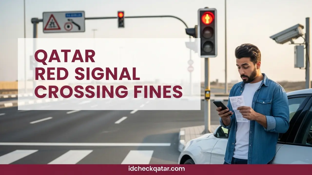 Man checking traffic fine on his phone beside a car stopped at a red light in Qatar – Qatar Red Signal Crossing Fines banner with idcheckqatar.com branding.