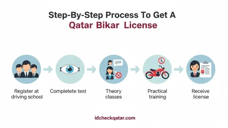 Qatar Bike License – How to Get a Motorcycle License 2025 2 Infographic showing the step-by-step process to get a Qatar bike license, including registration, tests, and license issuance.